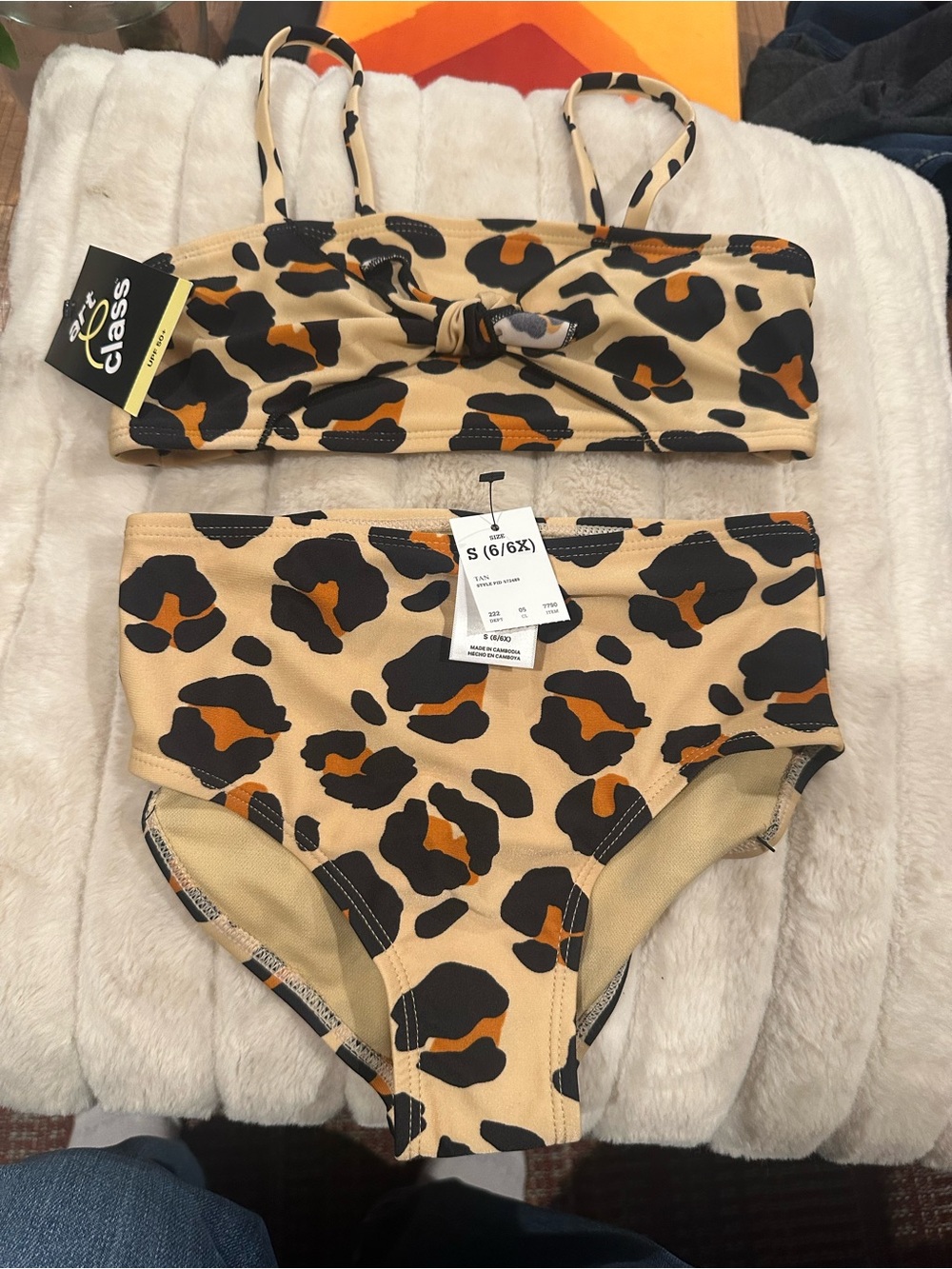 art class Girls Beige Leopard Print Bikini Set with Black and Orange Spots